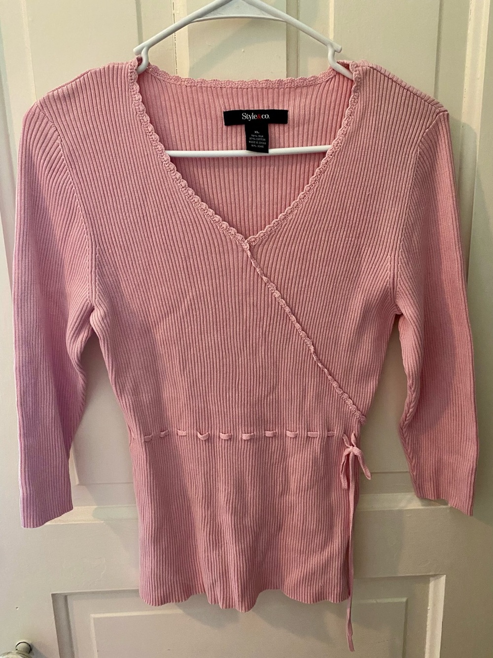 Style & Co. Light Pink Ribbed Wrap V-Neck Sweater